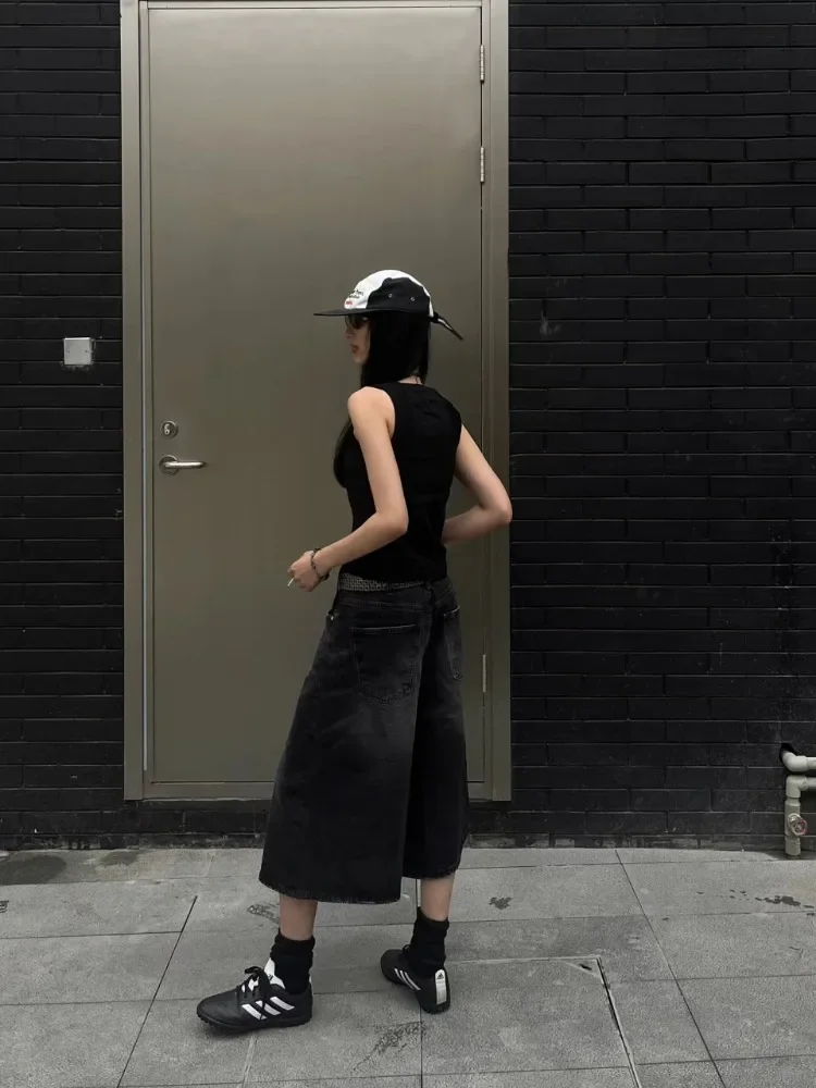 Women Black Y2k Style Baggy Denim Shorts Wide Leg Capri Pants Trendy High Waisted Dark Wash Jeans Female Casual Retro 2000s