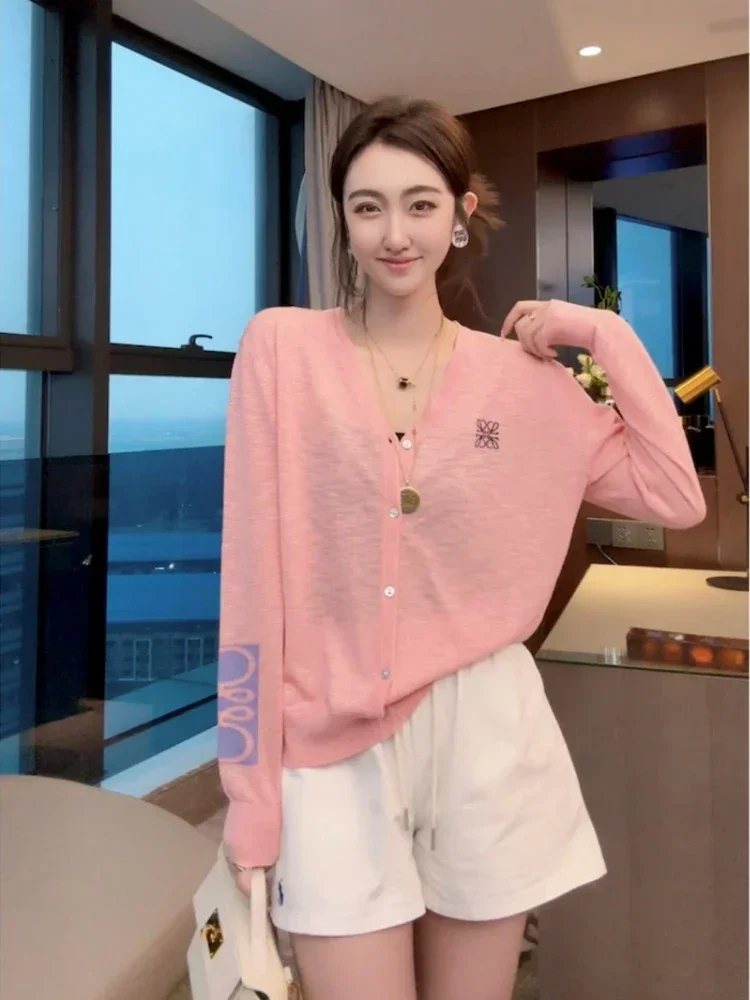 Black White Pink Knitted Cardigan Embroidery Spring Autumn Coat Women Sweater Thin Sunscreen Clothes Lazy Loose Long Sleeve Tops