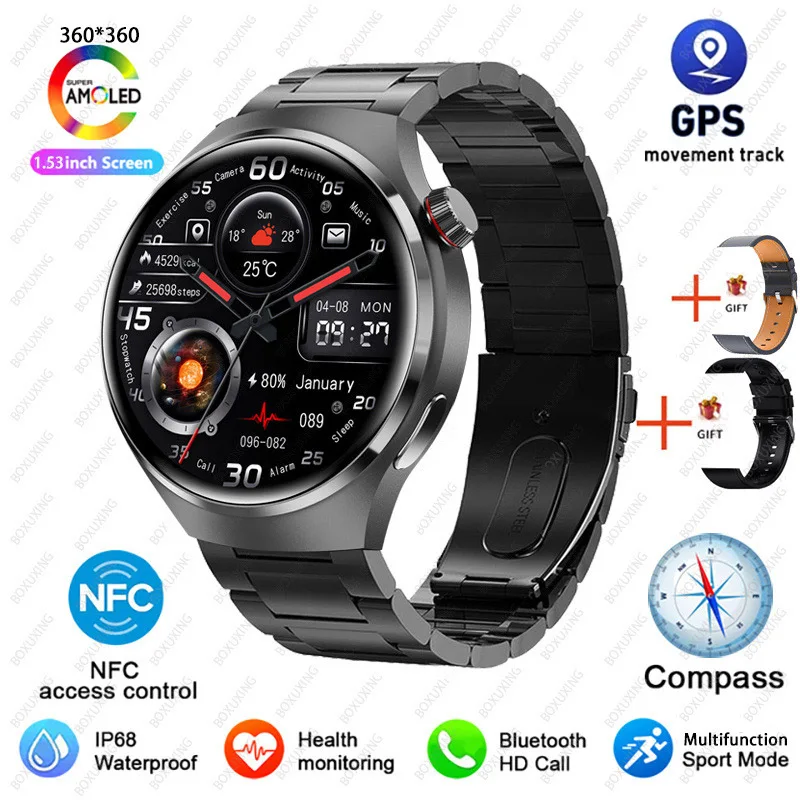 2025 New Watch 4 Pro GPS NFC Smart Watch Men 360*360 AMOLED Screen Heart Rate Bluetooth Call Waterproof Sports Man Smartwatch