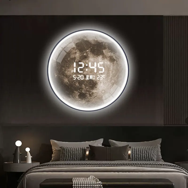 LED Moon Phase Digital Wall Clock Glow in Dark Lunar Night Light Decorative Electronic Clock Living Room Bedroom Hallway Decor
