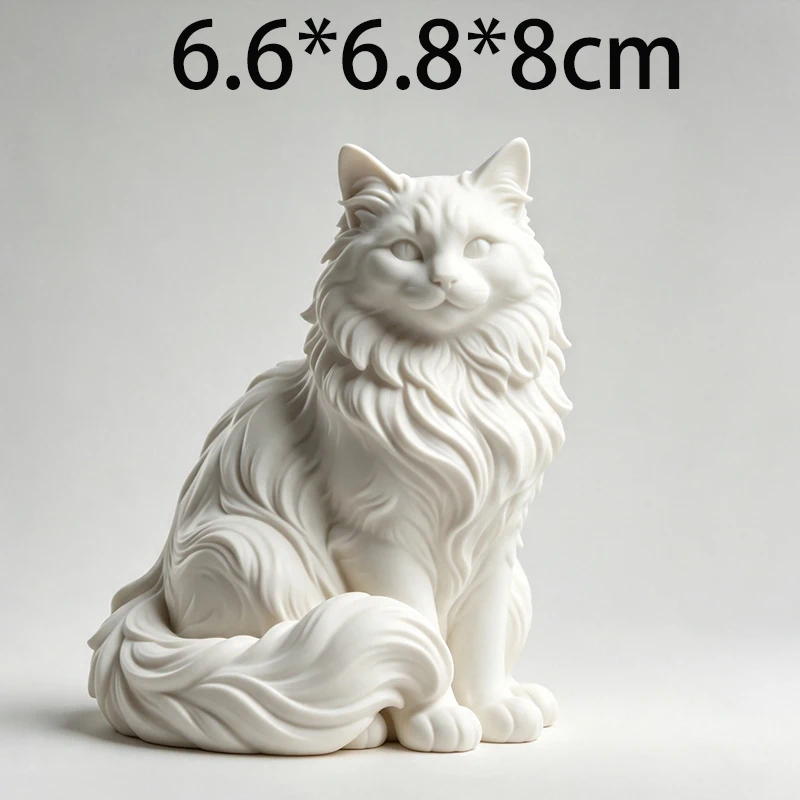 Elegant Sitting Long Fur Cat 3D Printed Ornament Nordic Style Animal Statue White Desktop Tabletop Decoration