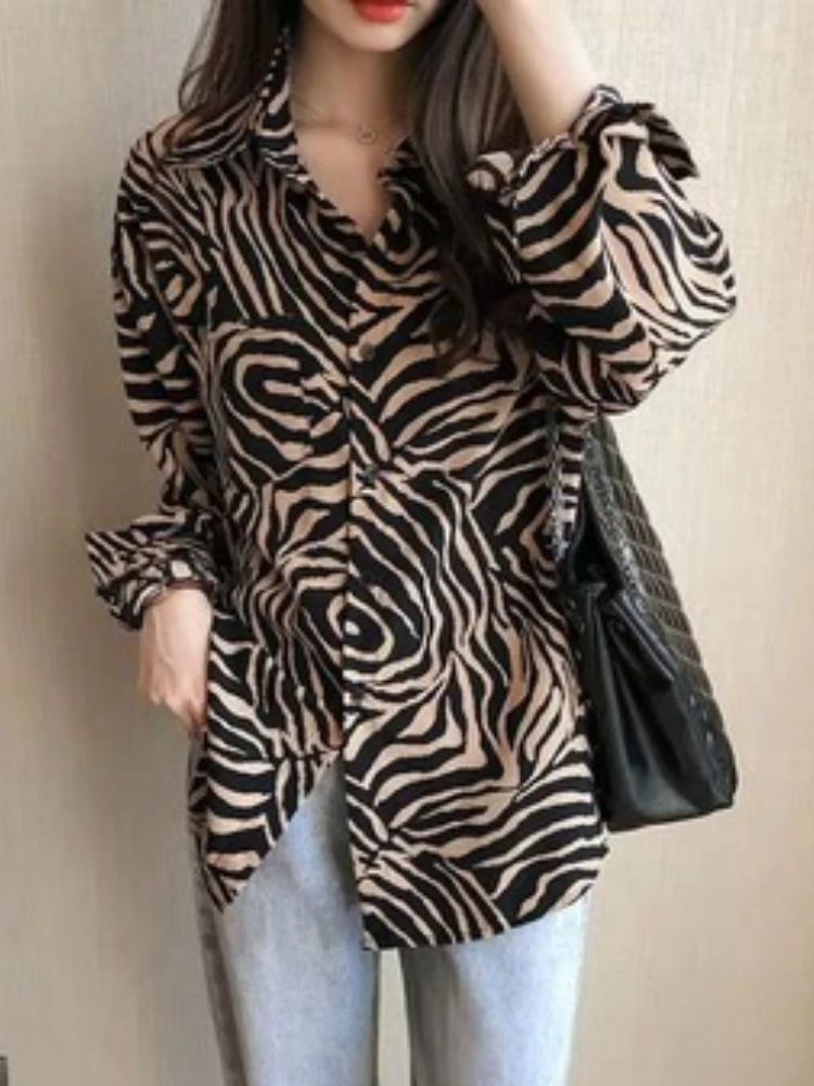 Vintage Leopard Shirt Women Clothing Casual Stripe Shirt Print Blouse Office Ladies Long Sleeve Tops Summer Streetwear Plus Size