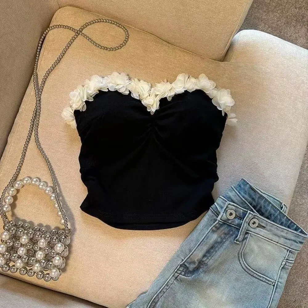 Socialite Style 3D Bloemen Camisole Slim Fit Tanktops 3D Bloemen Decoratie Bretels Vest Veelzijdig Borstomhulsel