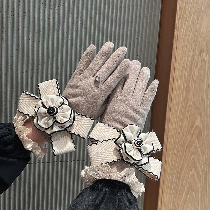 

women winter gloves big bowknot flower black khaki elegant gloves for women touch screen plush lining