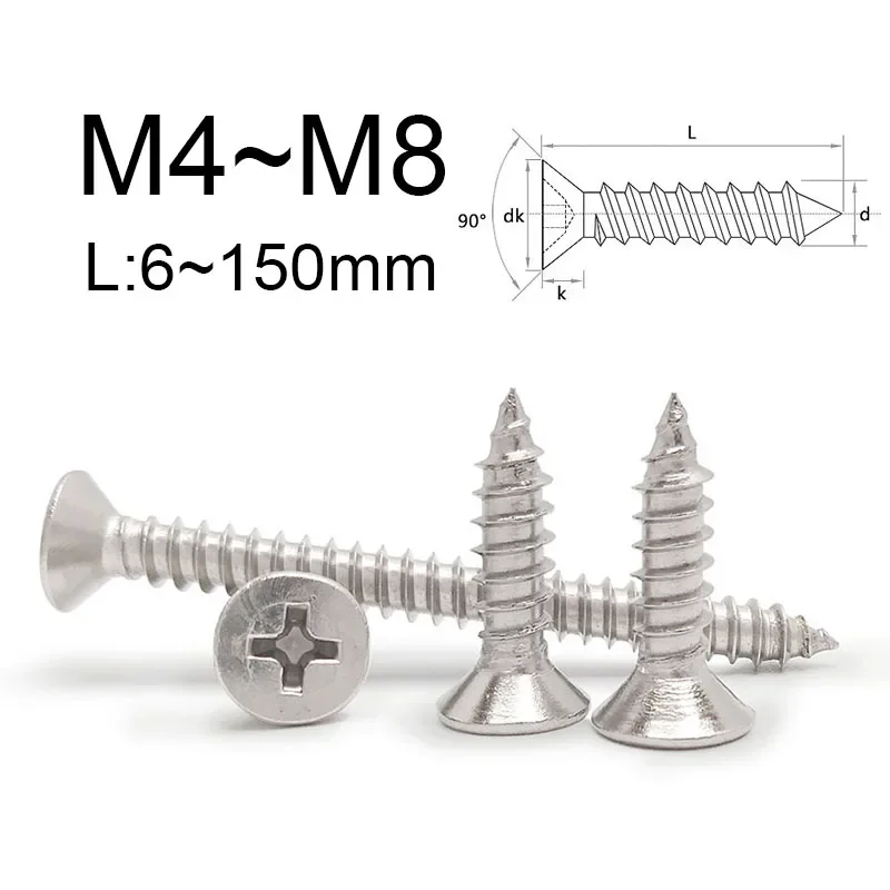 3~20PCS 304 Stainless Steel Phillips Countersunk Flat Head Self Tapping Wood Screw M4 M4.2 M5 M6 M8 Furniture Wood Screws