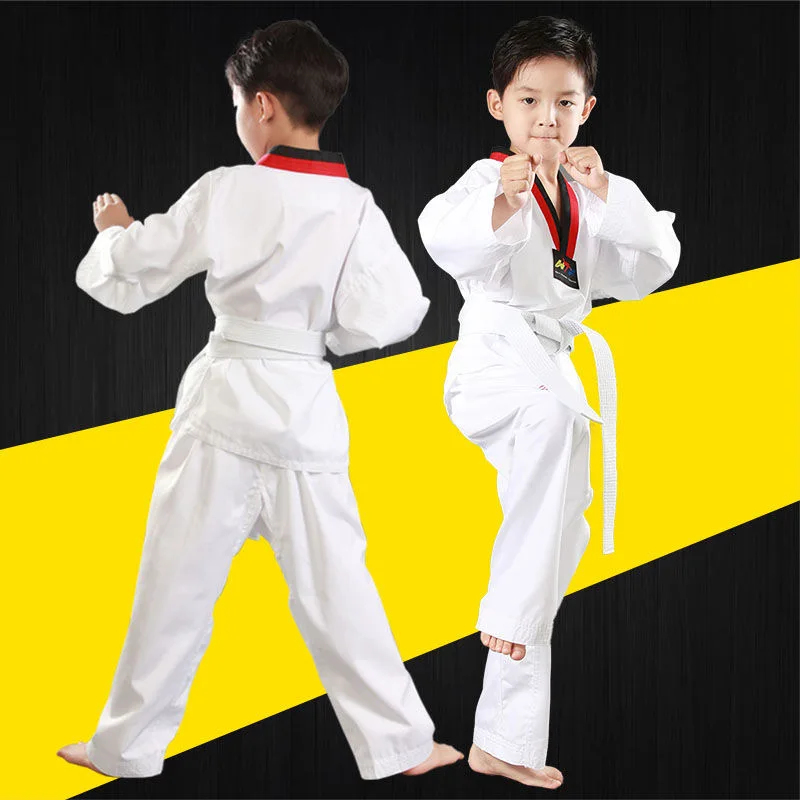 White Taekwondo Uniforms WTF Karate Judo TKD Dobok Clothes Children Adult Unisex Long Sleeve TKD Clothing