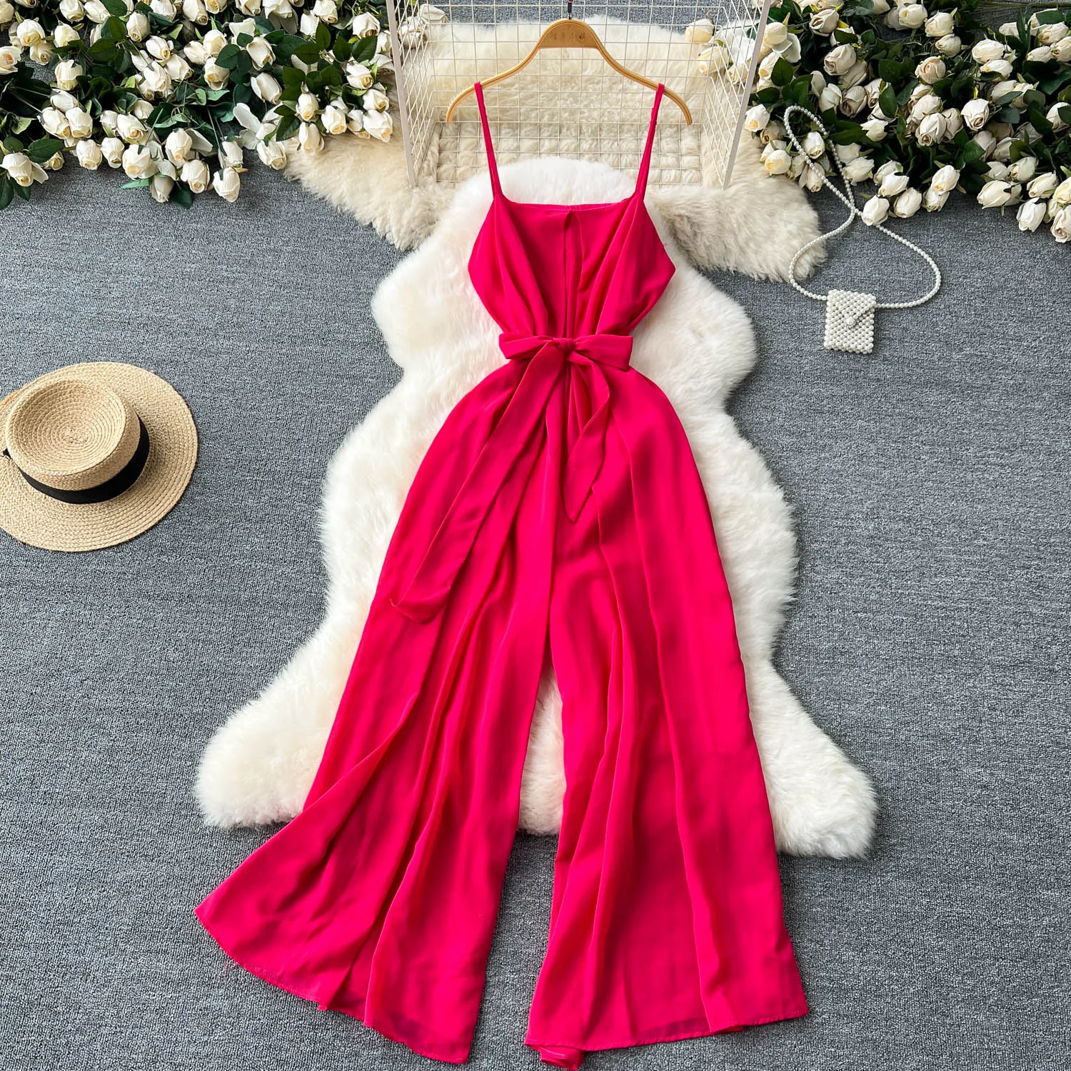 Chic Vintage  off shoulder sleeveless Solid slip Top Jumpsuit Elegant High Waist Casual Wide Leg Pants Summer Women Playsuit