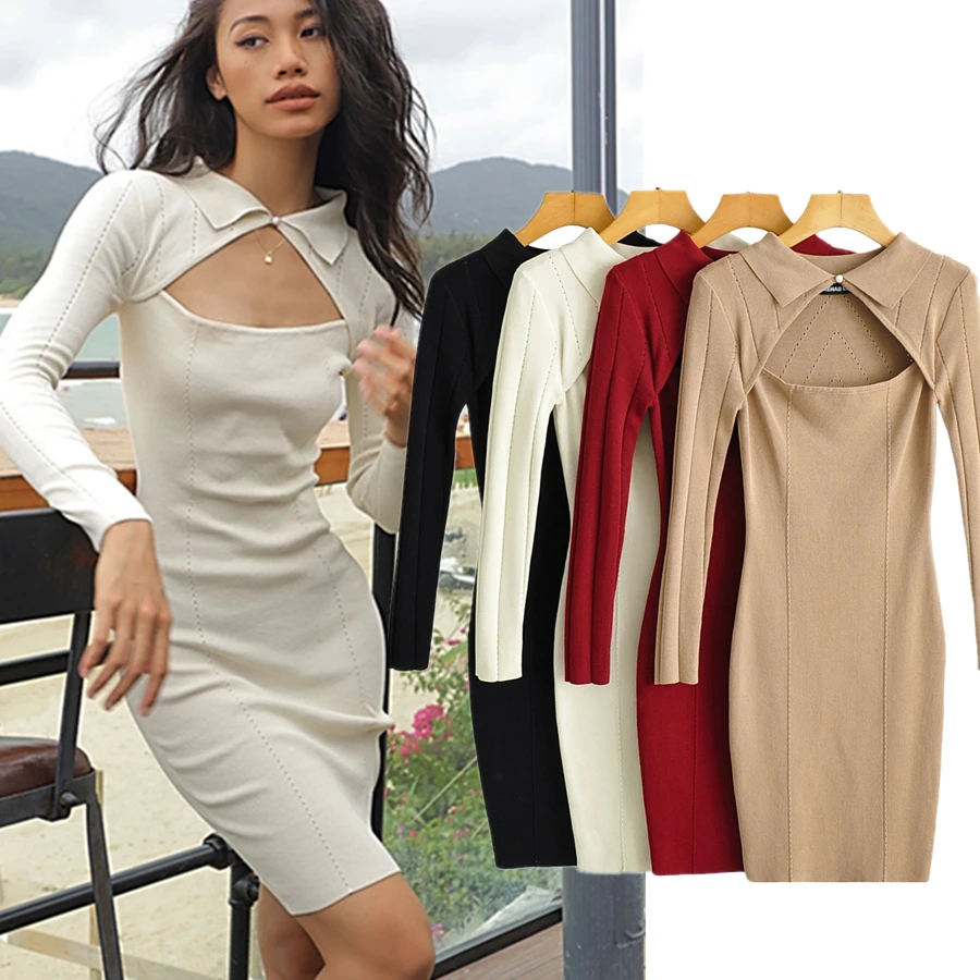 Maxdutti France Style High Street Retro Turn Down Collar Hollow Out Sexy Knitted Sheath Party Casual Mini Dress Women