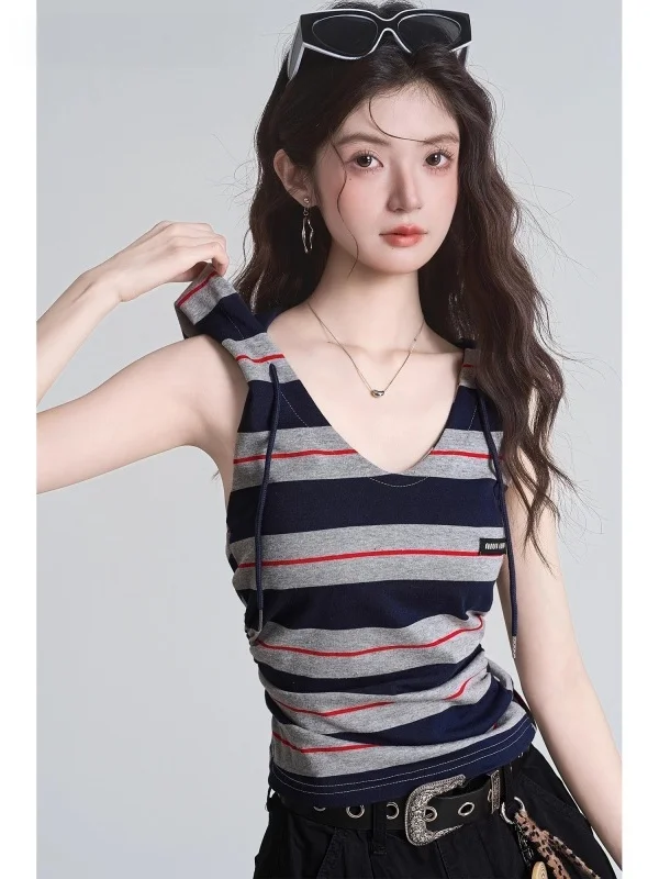 

Slim Fit Stripe Color Block Backless Sleeveless Vest Women's Summer New Style Design Sense Casual Wear Daily Short Length