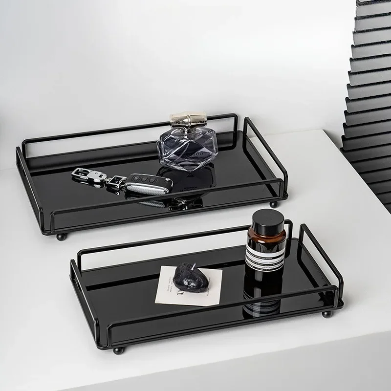 Nordic Glossy Acrylic Wrought Iron Tray Showroom Living Room Desktop Storage Tray Organizer Tea Set Tray Decorative Ornaments