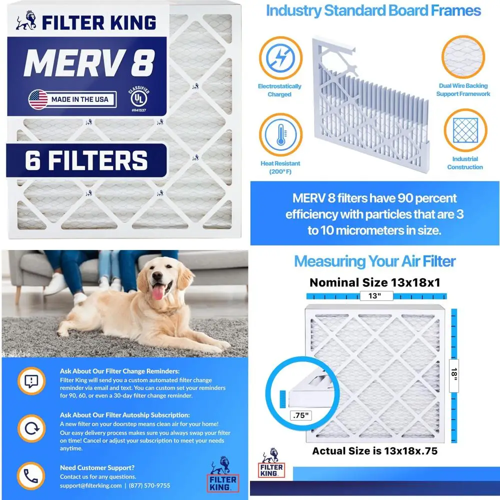

6-Pack 13x18x1 Inch MERV 8 Air Filters for HVAC Systems - Pleated, American Made