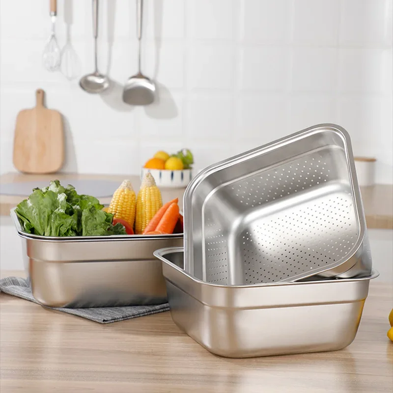 Stainless Steel Washing Vegetables Drain Basket Fruits Storage Organizer Bowl Square Food Basin Tray Kitchen Accessories