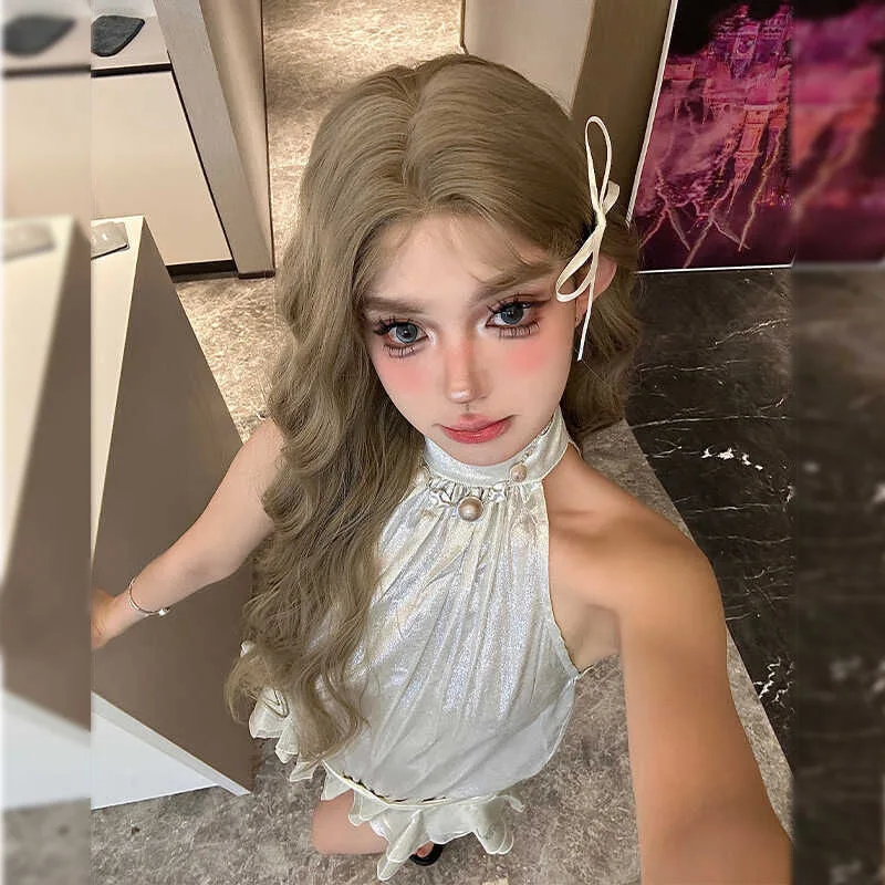 Synthetic Long Wavy Lace Wig Women Natural Look Ash Blonde Full Head Heat Resistant Hairpiece Daily Party Cosplay