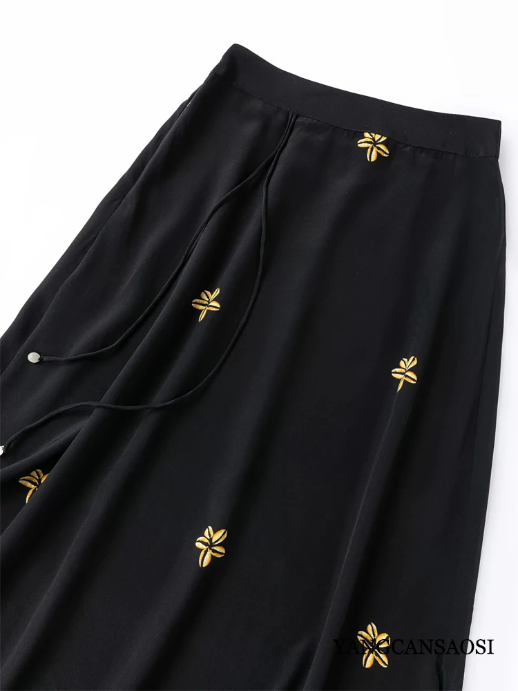 Women's Fashion Summer New Gold Gardenia Flower Print 100% Natural Mulberry Silk Double Crepe Versatile Black A-line Split Skirt