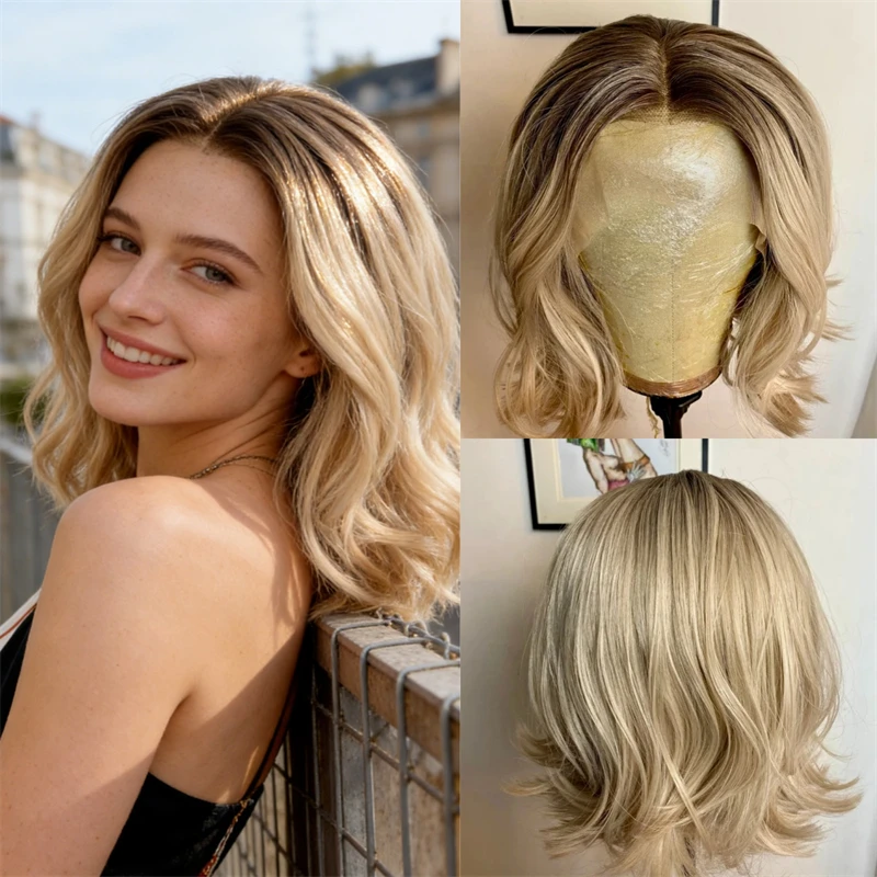 

Бесшовный парик 13x4 с HD-кружевом, светло-русый омбре с балаяжем, с имитацией корней, мягкий короткий волнистый парик-каре из смешанных человеческих волос