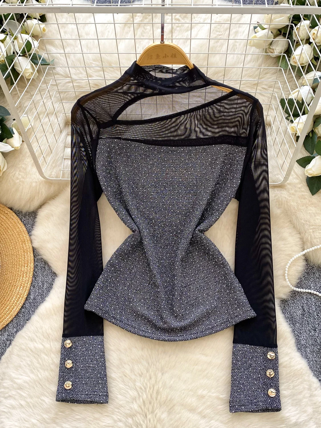 

Women Autumn Blouse Hollow-out Turtleneck Mesh Patchwork Long-sleeved Stitching Rhinestone Sparkling Base T-shirt Top BL297