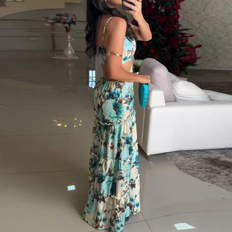 Nuevo vestido largo de playa con espalda descubierta 2025, vestido bohe con estampado Floral y cuello en V a la moda para mujer, vestido de fiesta elegante sin mangas con agujeros y cintura alta