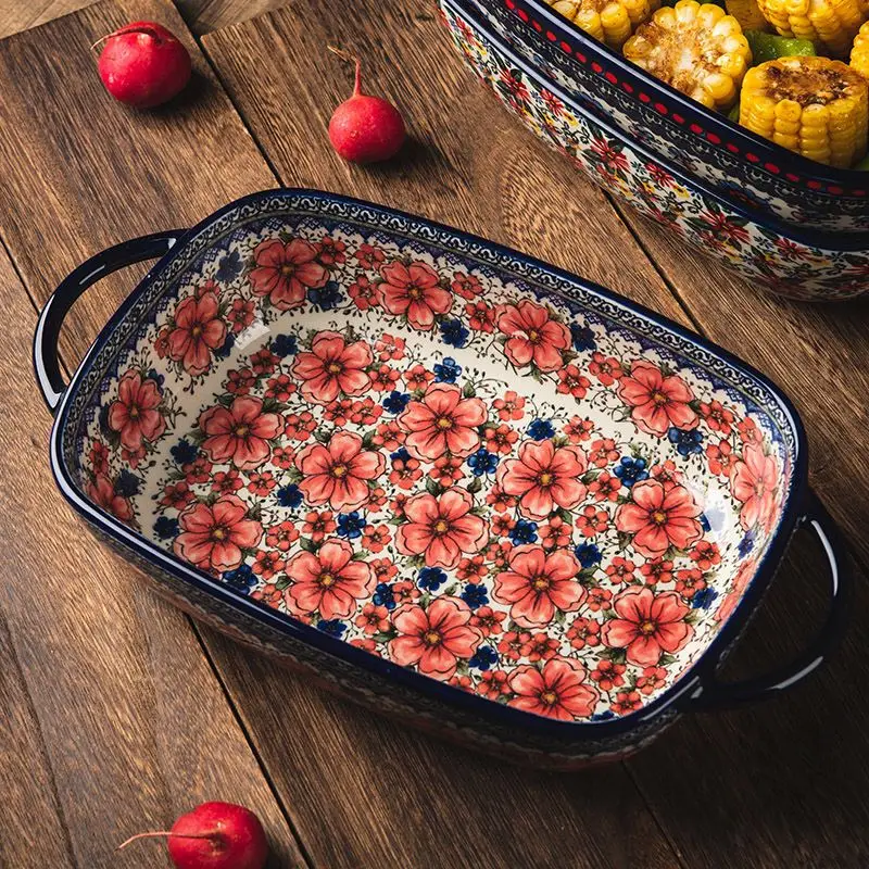 Polish style ceramic baking tray tableware oven microwave oven large bowl salad fruit cake rectangular plate party decoration