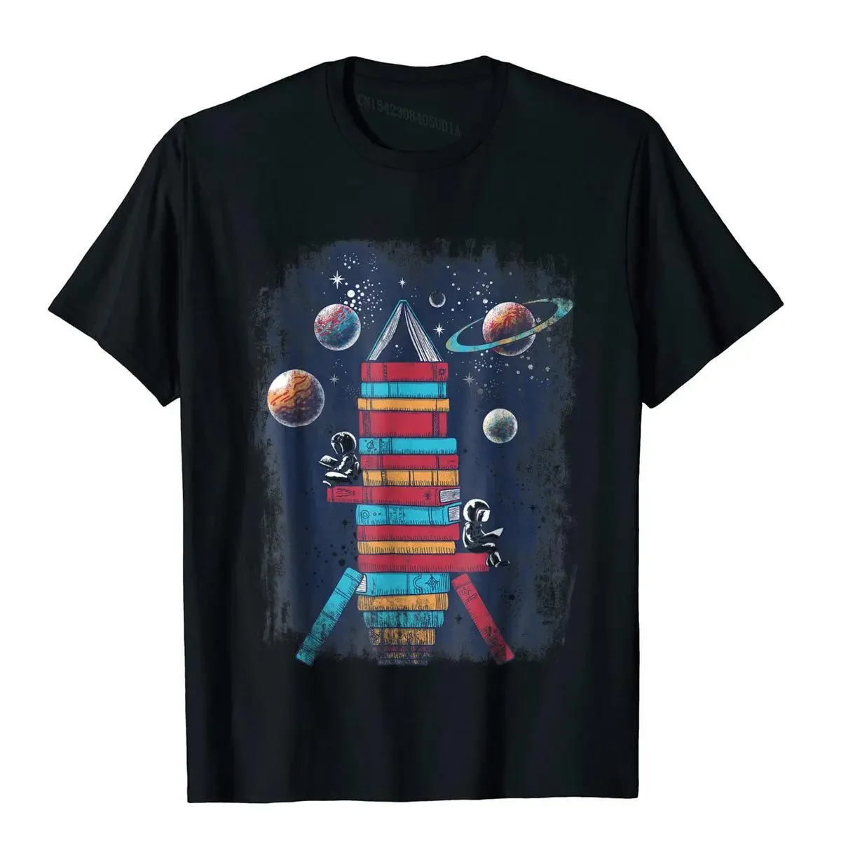 

Reading Rocket Ship Astronaut Graphic Tee Men's Short Sleeve Cotton Crew Neck T-Shirt