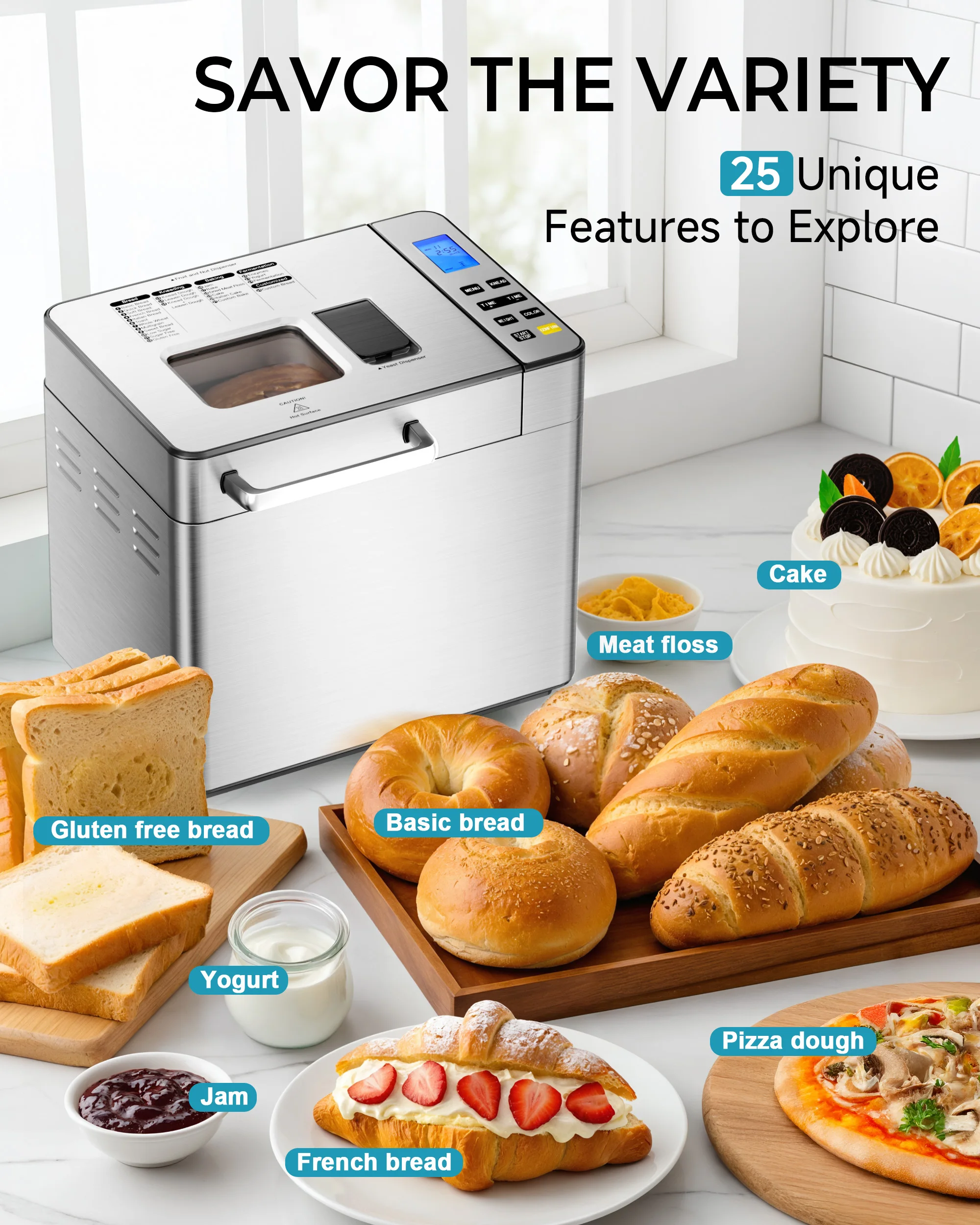 Bread Maker,2lbs Capacity,25 Programs,3 Bread Sizes and Crust Colors to Choose,Recipe Book Included,Prefect for Kitchen,Gift