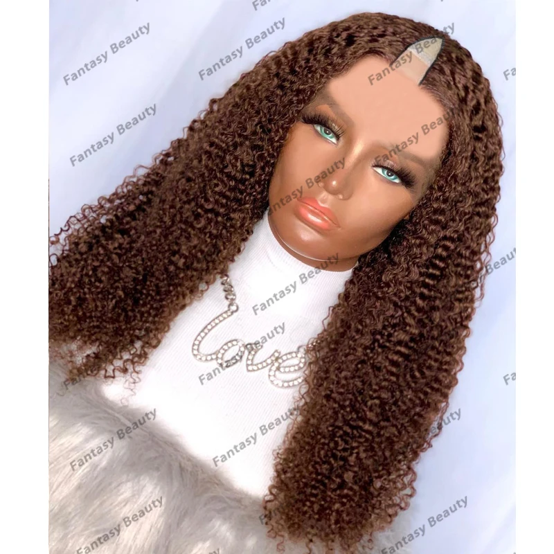 

Chestnut Brown Kinky Curly Human Hair Long Wigs for Black Women Glueless 1X4 Middle V Part Wigs Full End No Shedding Jerry Curl