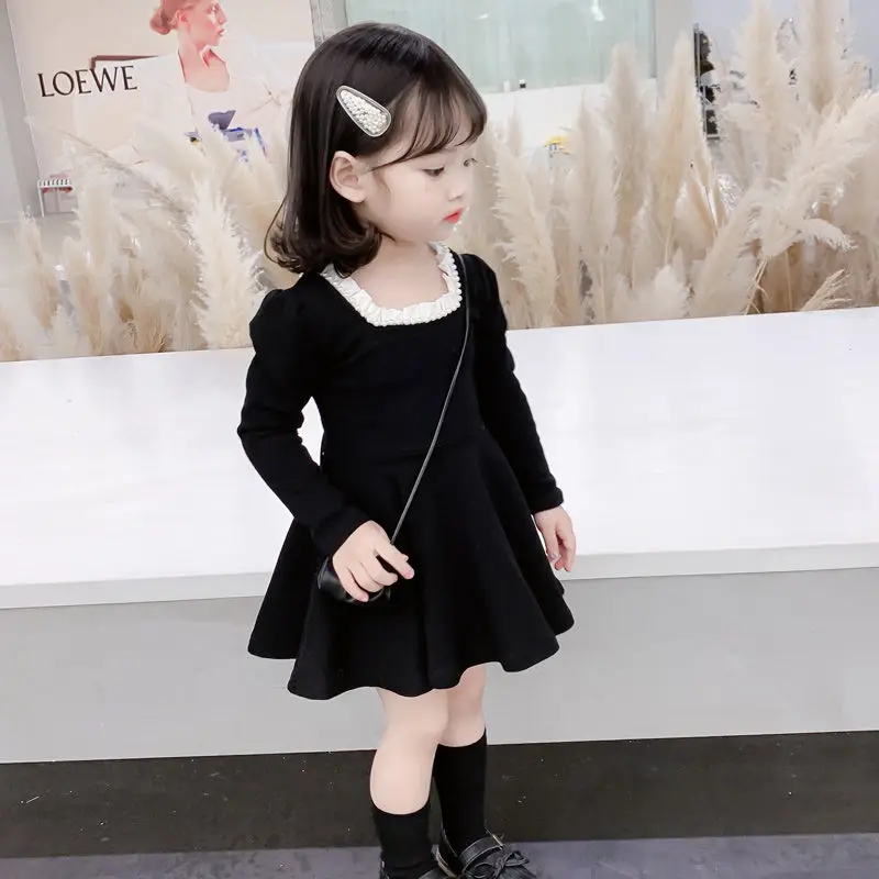 Kids Girls Autumn Dress 2024 New Arrival Children Casual Daily Dress Baby Girls Princess Cute Black Dress Korean Style