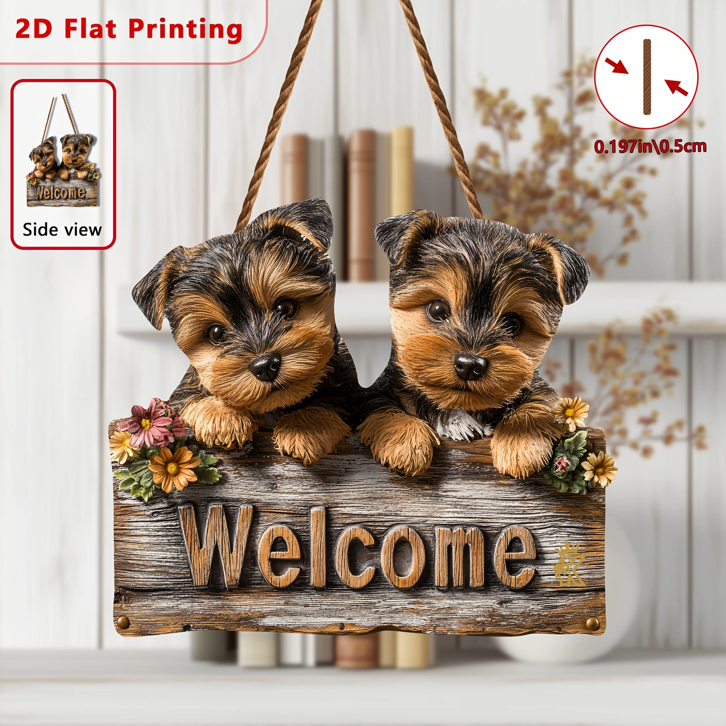 2D Flat,Yorkshire Terrier Welcome Wood Sign , Wall Decoration, Holiday Gift, Suitable for Porch, Bedroom, Bar or Cafe, 2D Flat