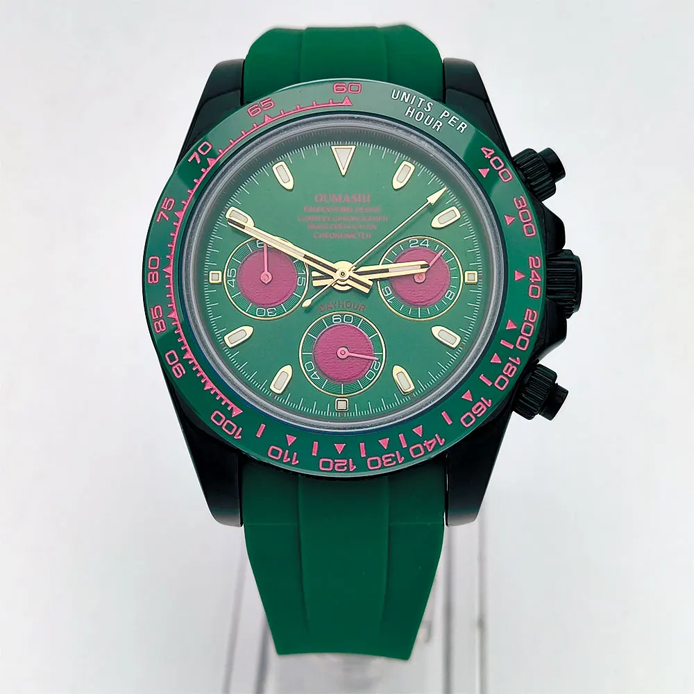 39 มม.นาฬิกาผู้ชายสีดํา VK63 การเคลื่อนไหว chronograph sapphire glass สายยางธุรกิจผู้ชายนาฬิกาข้อมือกันน้ํา 10Bar