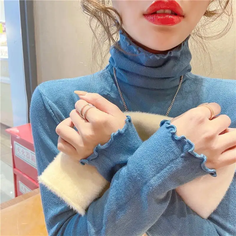 Suéteres de cuello de pila para mujer, Jersey elegante y versátil de punto con borde de hongo de estilo occidental, Top de manga larga ajustado a la