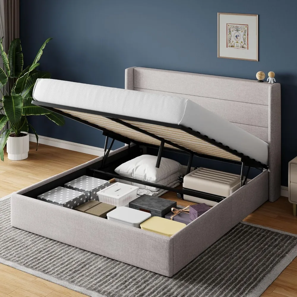 Lift Up Storage Bed with Wingback Headboard/Heavy-Duty Hydraulic Bed/Upholstered Platform Bed Frame/Large Underneath Storage