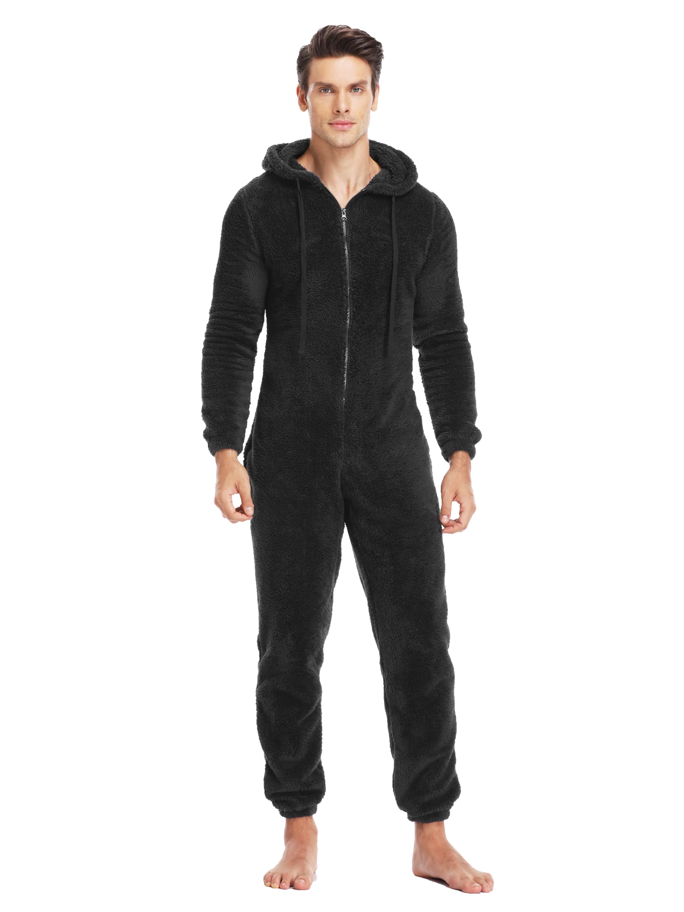 Men\'s Winter Warm Fluffy Teedy Fleece Pajama Onesie For Men Cozy Soft Warm Plush Fleece Jumpsuit Romper One Piece Hooded Pajama