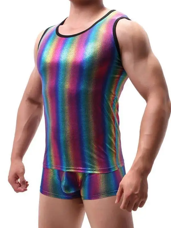 Nylon Men's Vest Rainbow Shorts Sets Casaul Personality Casual High Elastic Gymnastics Shirt Round Neck Shorts Sets Elegant CNIC