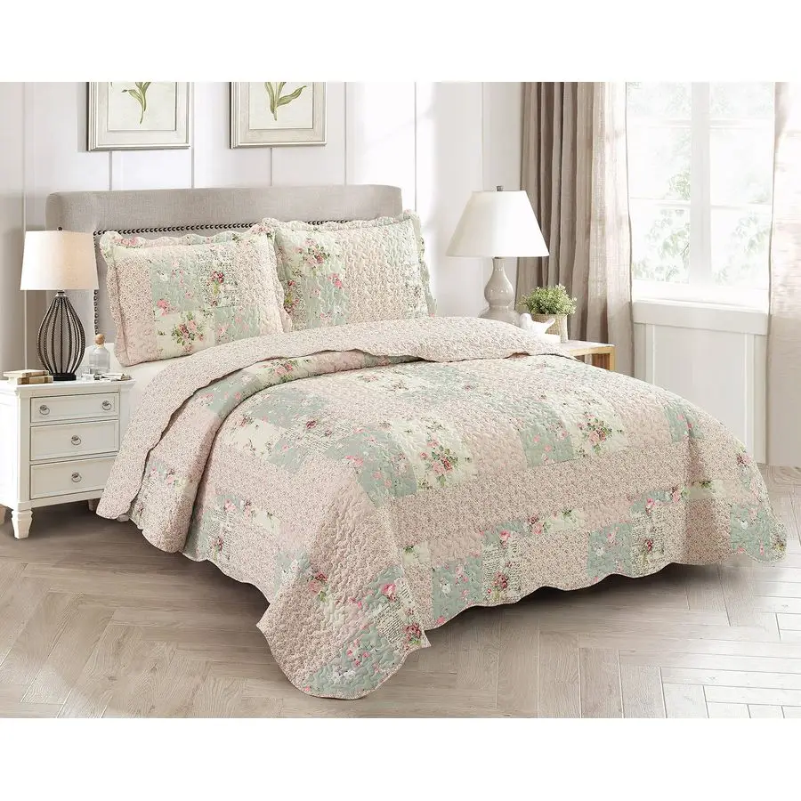 3 Piece Lightweight Soft Quilt Set Queen Rose and Sage Patchwork Design Washable Bedspread 90"x90"