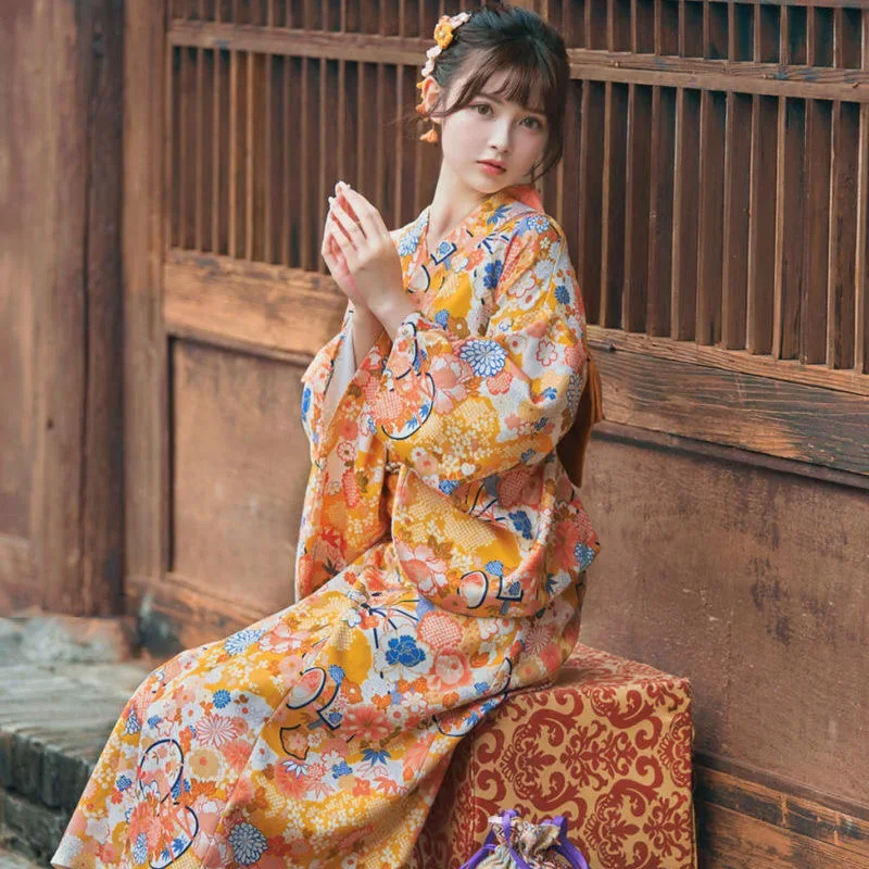 Kimono tradicional de estilo japonés con estampado de flores Obi para mujer, ropa de calle femenina asiática Vintage, ropa de fotografía para actuaciones de escenario