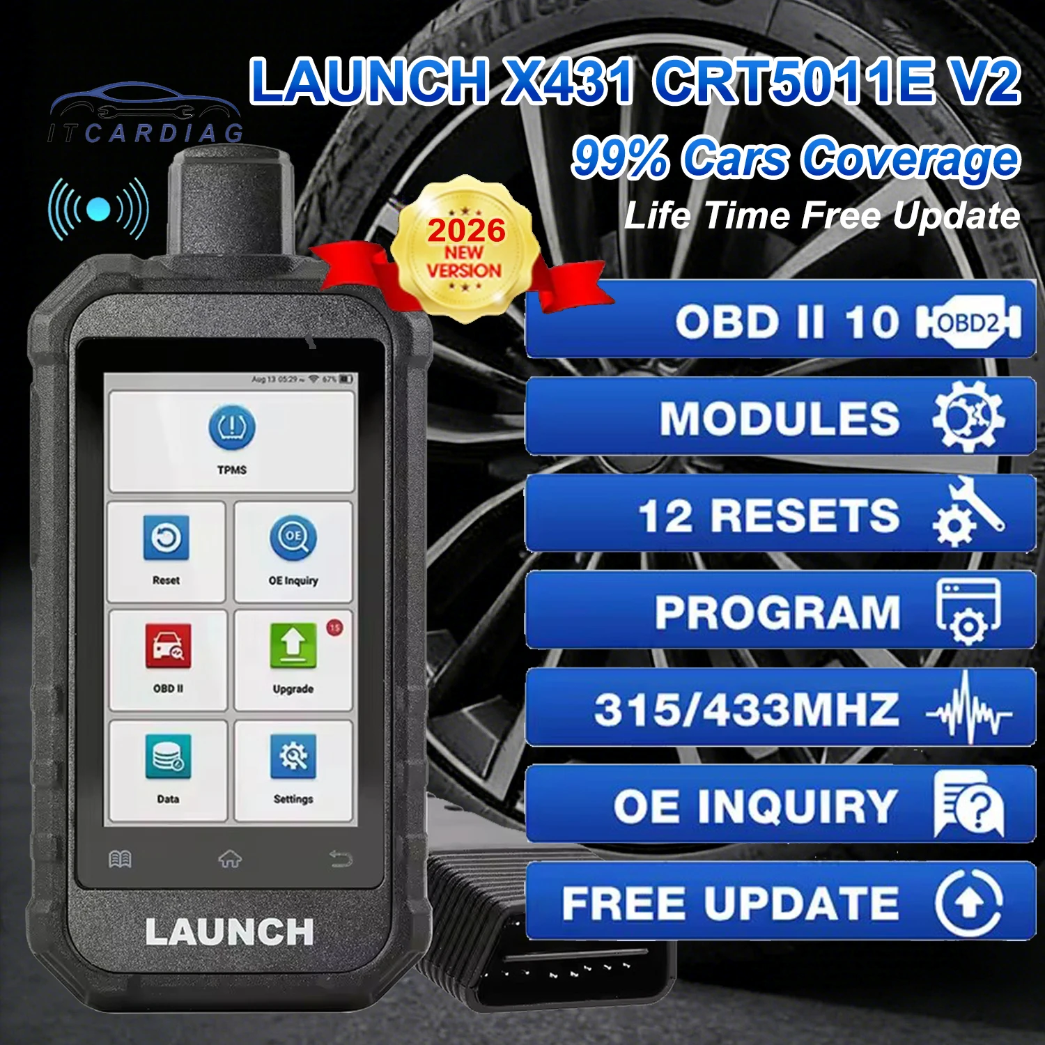 

LAUNCH X431 CRT5011E V2 TPMS Tire Pressure Diagnsotic Tool 315/433MHz Sensor Activation Programing Learning Reading OBD2 Scanner