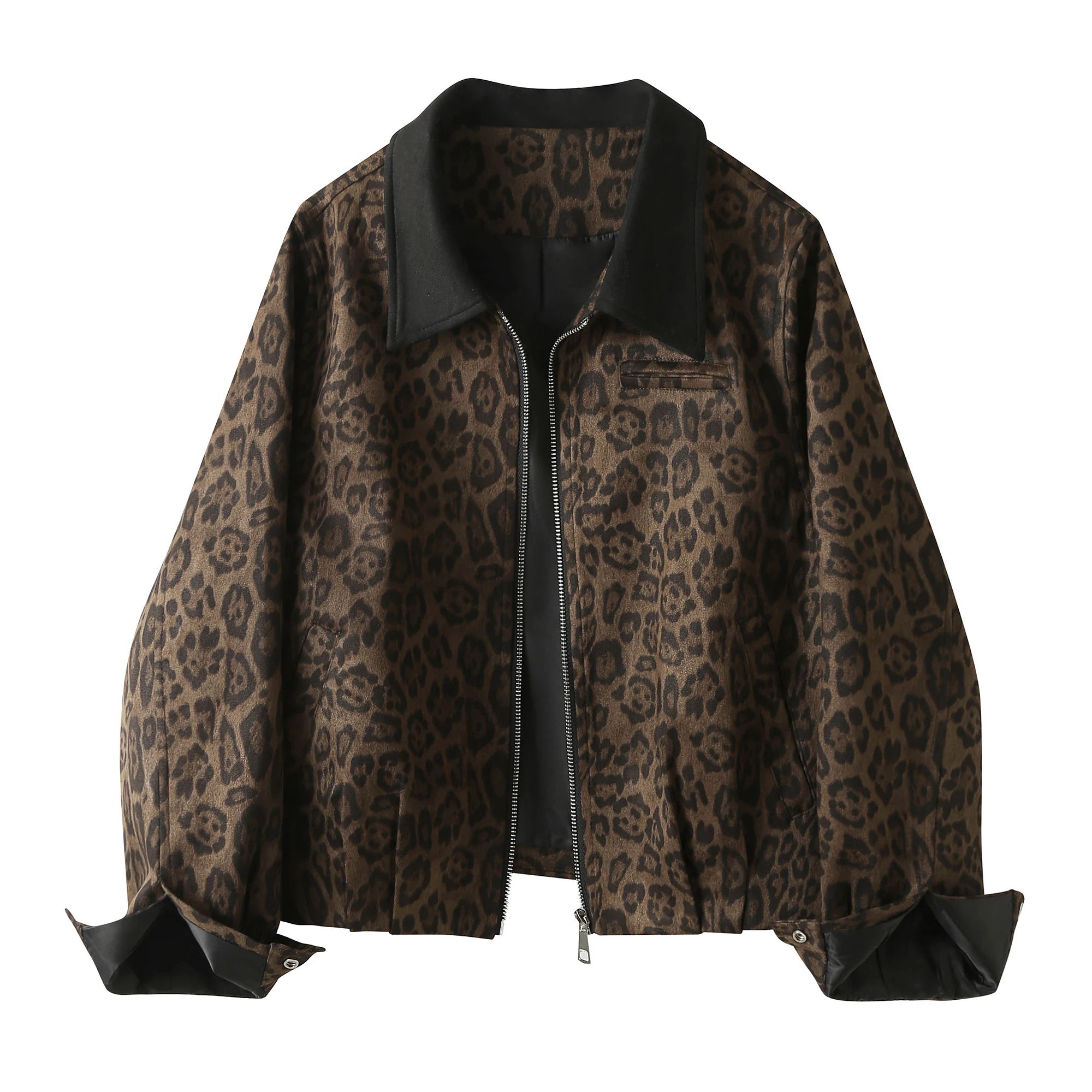 レトロなヒョウ柄カラーブロカラーまたはジャエット女性のカジュアル多用途ユニークな美しいスエードレザーコート春秋