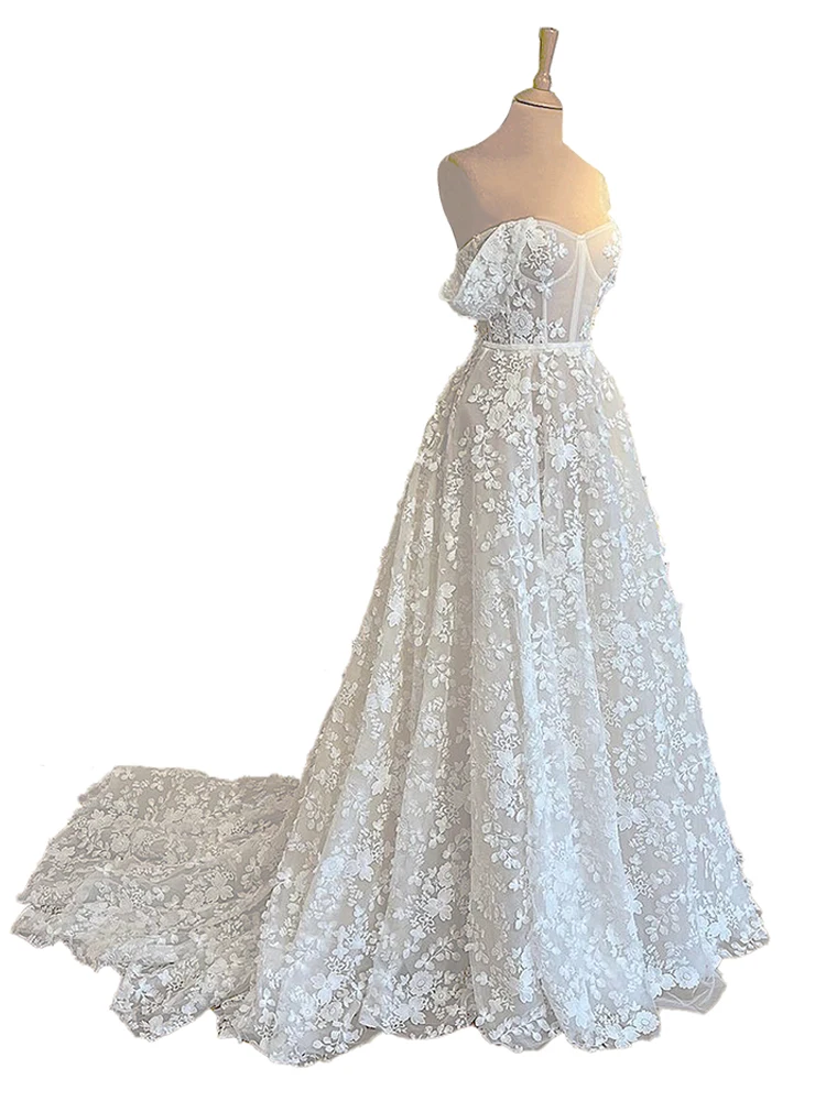 

2024 Elegant Floral Lace Cap Sleeves Wedding Dress Lace-up-back Sweep Train Custom Size Bridal Gown