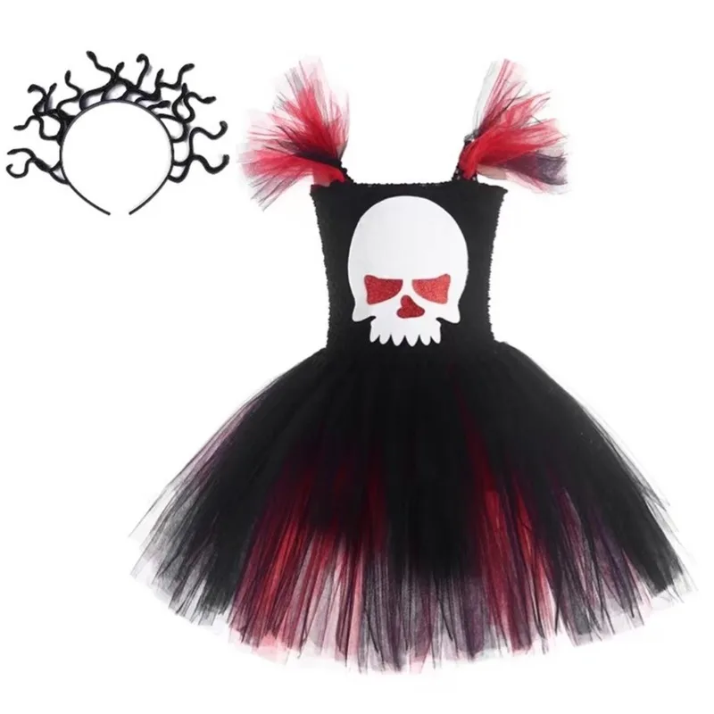 Kids Halloween Zombie Bride Dark Princess TUTU Dress Sweet Cool Printed Colorful Mesh Puff Dress Role Playing Stage Performance