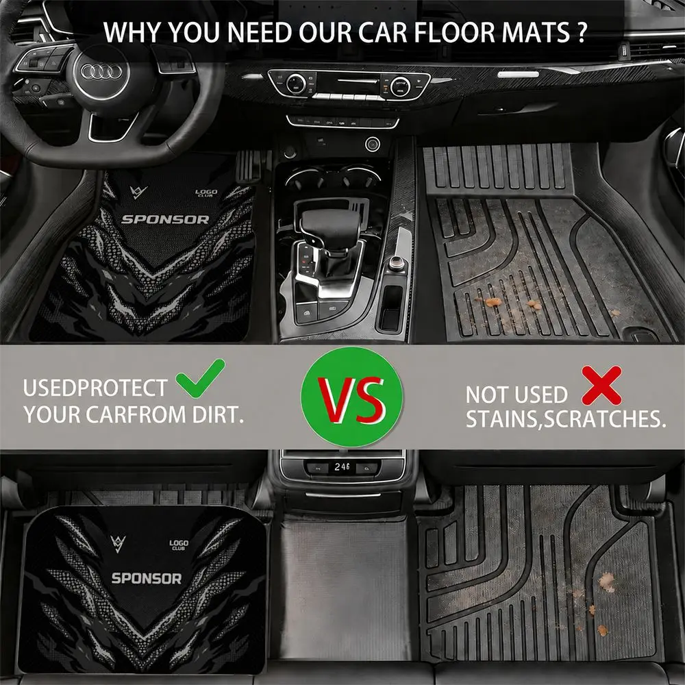 4Pcs Universal Car Floor Mats Black White Racing Mecha Pattern Waterproof Non-slip Auto Foot Liners Stain Resistant All Weather