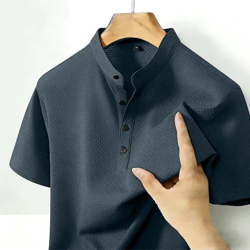 2026 Solid Color Men's Summer Polo Shirts Mandarin Collar Waffle Texture Casual Daily Tees