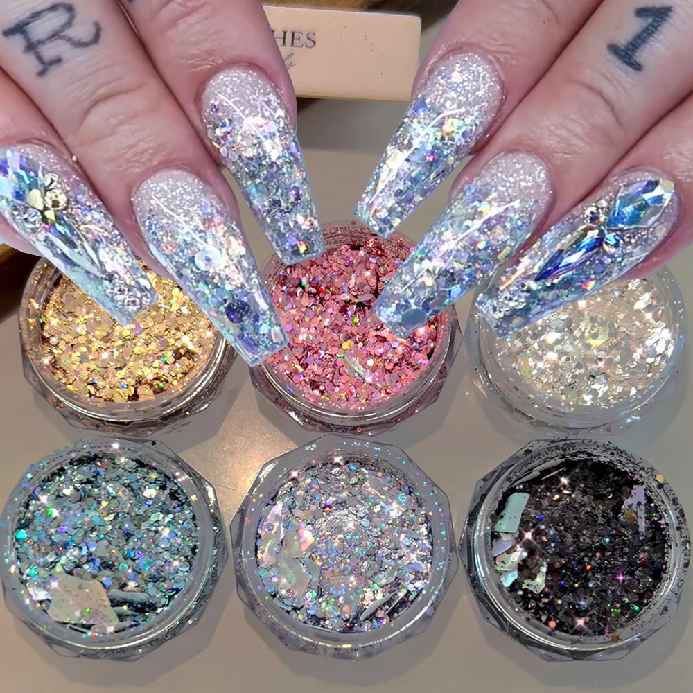 1 pot mixte Laser argent irisé ongles paillettes 3D holographique hexagone cercle point coquille tranches Chrome poudre ongles flocons décor