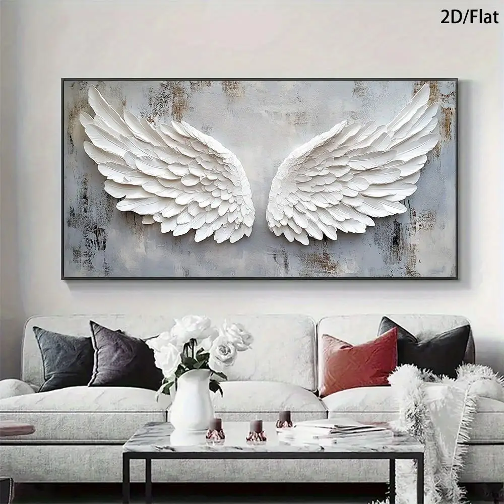 1 Modern Abstract White Angel Wings Canvas Painting - Gold Brown Beige Textured Effect, 2D Flat Print Frameless Painting for Liv