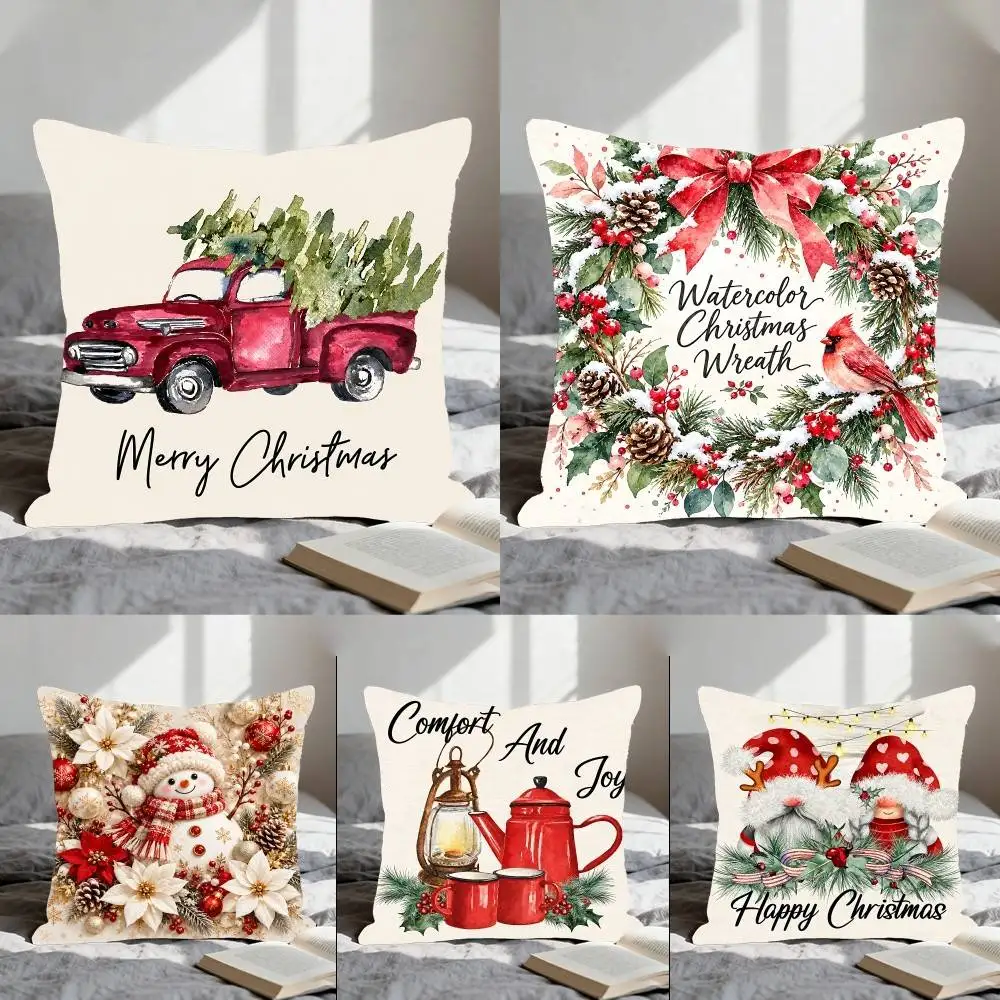 Watercolour Tree Snowman Red Pink Throw Pillow Cover Nordic Vintage Style Cushion Covers Home Living Room Sofa Couch Seat Decor