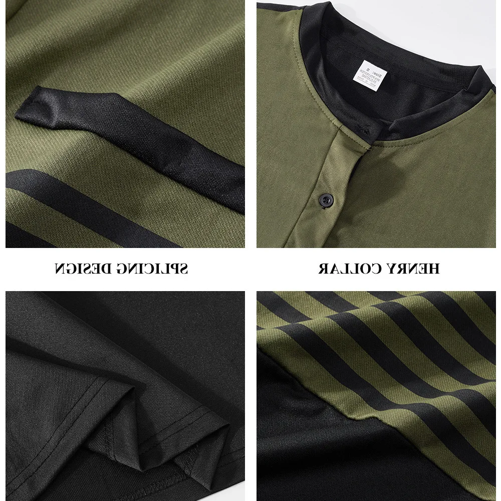 Men's Striped Color Block Henley T‑Shirt Long Sleeve Notched Neck Button Placket Fake Pocket Casual Tops