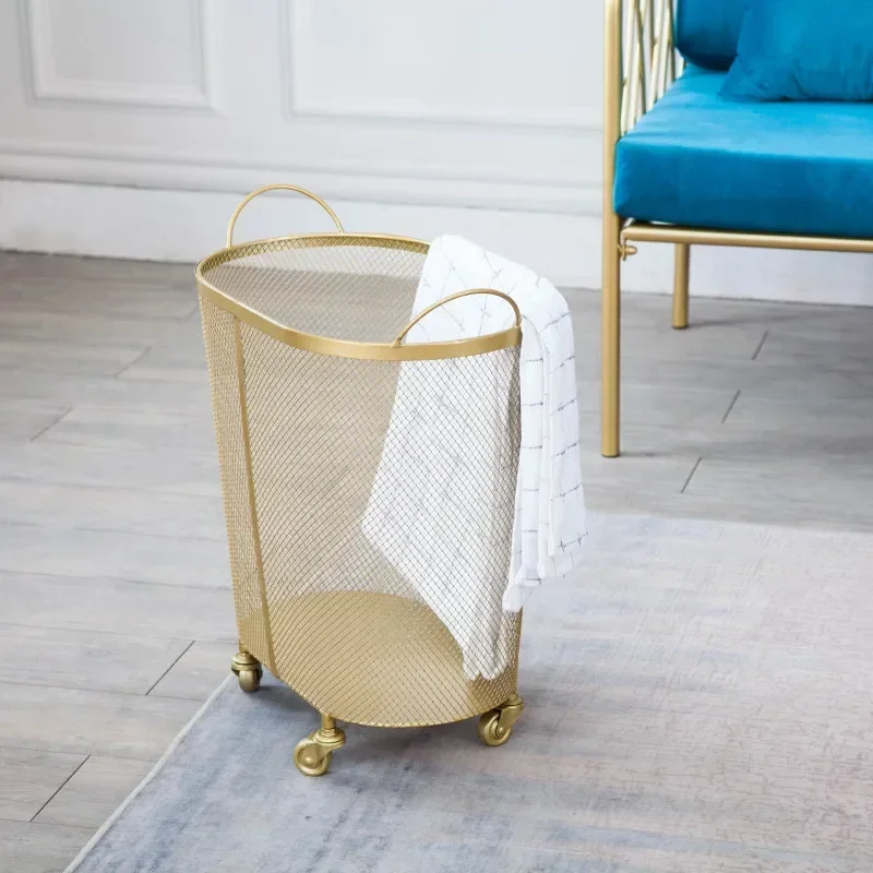 

New Modern Metal Gold Color Dirty Clothes Storage Handle Laundry Basket Home Creative Golden Fashion Organizer with Wheel XX