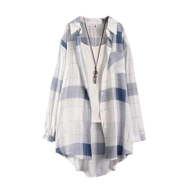 Koszula w kratę średniej długości, duży rozmiar, luźna, zakrywająca biodra, koszula przeciwsłoneczna, casualowa bluzka, koszula z długim rękawem, cienka kurtka, odzież damska plus size.