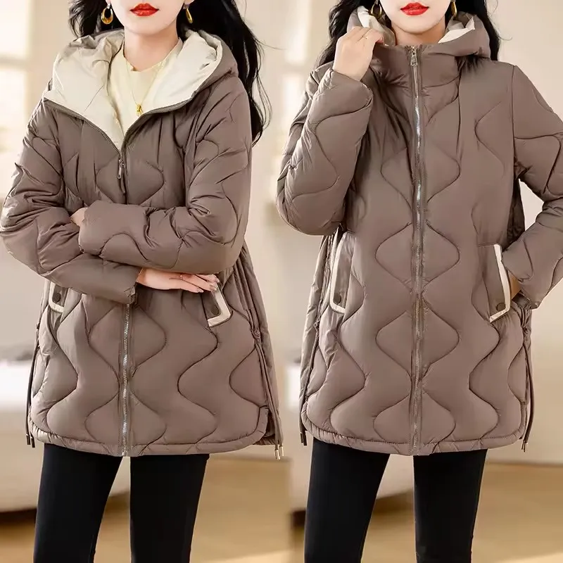 

2025 New Winter Down Cotton Jacket Mid-length Parkas Women Hooded Warm Overcoat Thicken Casual Cotton Padded Outwear Female