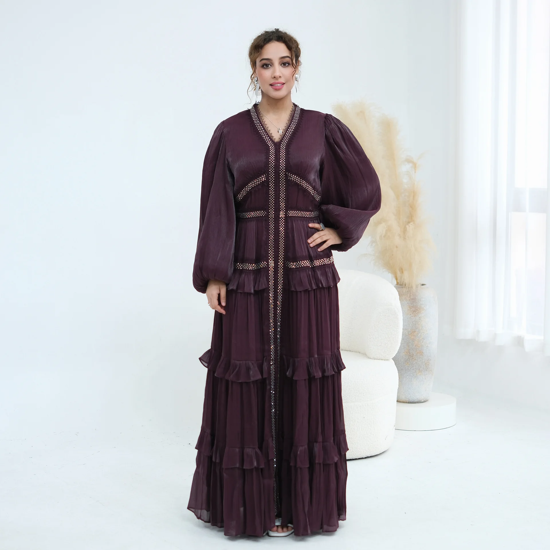 New Rhinestone Abaya Muslim Dress Woman Ruffles Dubai Gown Kaftan product image
