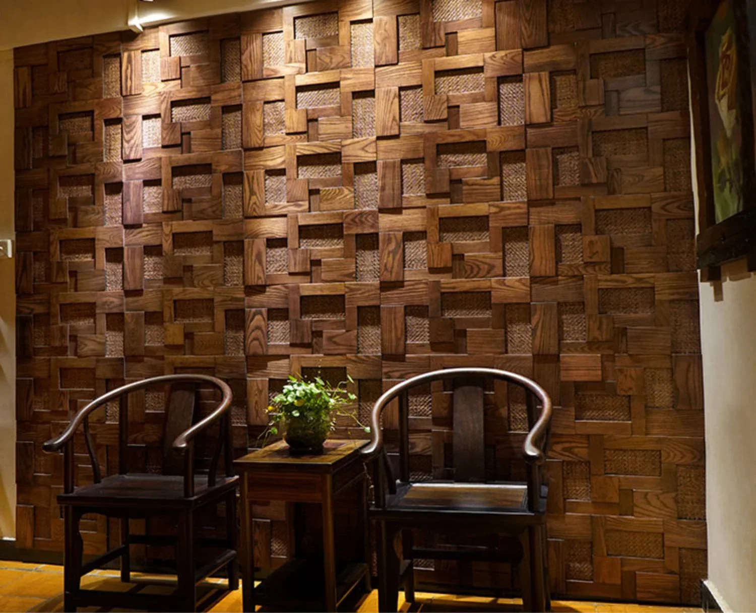 Mosaic Decorative Panel Rattan Weaving aSH Wood, Log Retro style Living room,Hotel,The hotel lobby,Chess & card room, Library