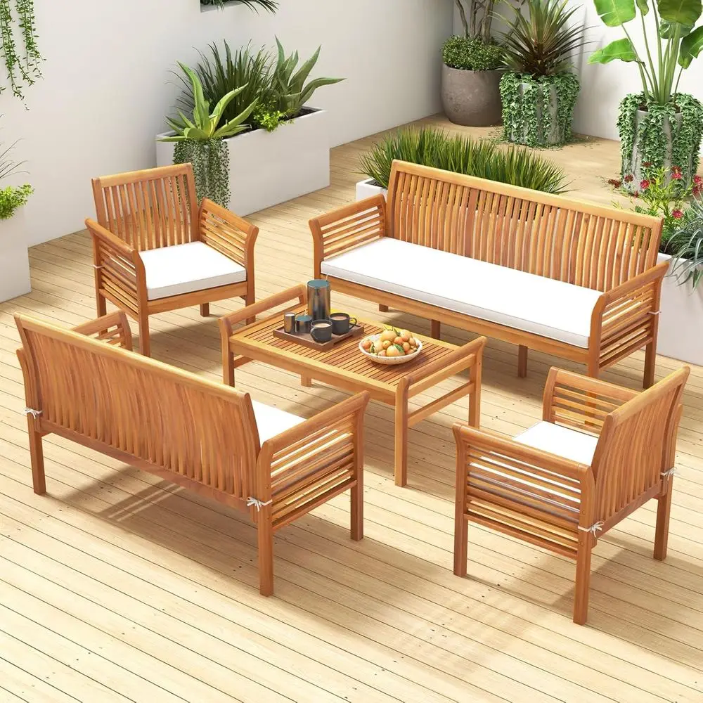 

5-Piece Acacia Patio Furniture Set: Cushioned 3-Seat Bench, Loveseat, 2 Armchairs, Coffee Table for Outdoor Relaxation